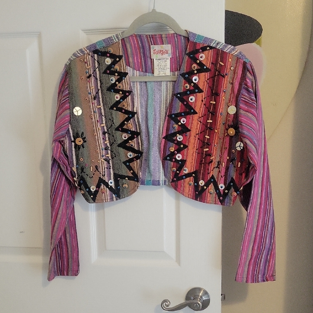 Jou Jou SzLg Boho Revival beaded Striped Bolero Patchwork Jacket 100% cotton